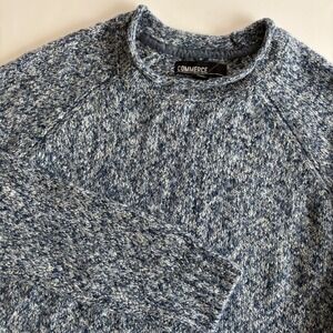 Commerce Mens Blue White Marled Knit Crewneck Sweater Med Cotton Acrylic Blend